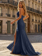 Yellow Beaded Halter Corset Prom Dress with High Slit
