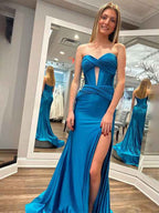 Navy Mermaid Strapless Corset Bodice Prom Dress with Slit