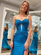 Navy Mermaid Strapless Corset Bodice Prom Dress with Slit