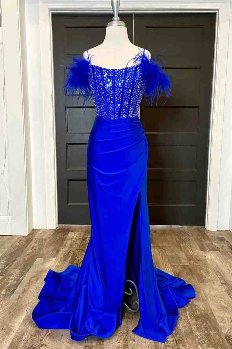 New Mermaid Satin Off-The-Shoulder Beaded Side Slit Long Prom Dress with Feather BM bride