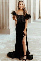 New Mermaid Satin Off-The-Shoulder Beaded Side Slit Long Prom Dress with Feather BM bride