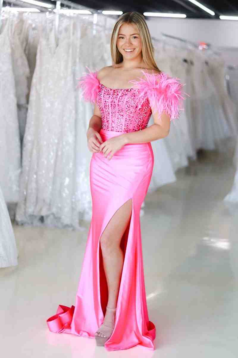 New Mermaid Satin Off-The-Shoulder Beaded Side Slit Long Prom Dress with Feather BM bride