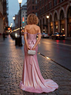 Off-the-Shoulder Rhinestone Metallic Satin Corset Prom Dress