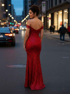Off-the-Shoulder Sequin Prom Gown with Geometric Pattern