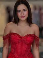 Off-the-Shoulder Beaded Tulle Long Prom Dress with Swirling Sequins