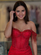 Off-the-Shoulder Beaded Tulle Long Prom Dress with Swirling Sequins