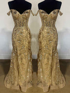 Off-the-Shoulder Sequin Lace Mermaid Long Porm Dress with Slit