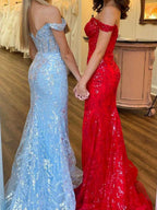 Off-the-Shoulder Sequin Lace Mermaid Long Porm Dress with Slit