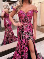 Off-the-Shoulder Sequin Lace Mermaid Long Porm Dress with Slit