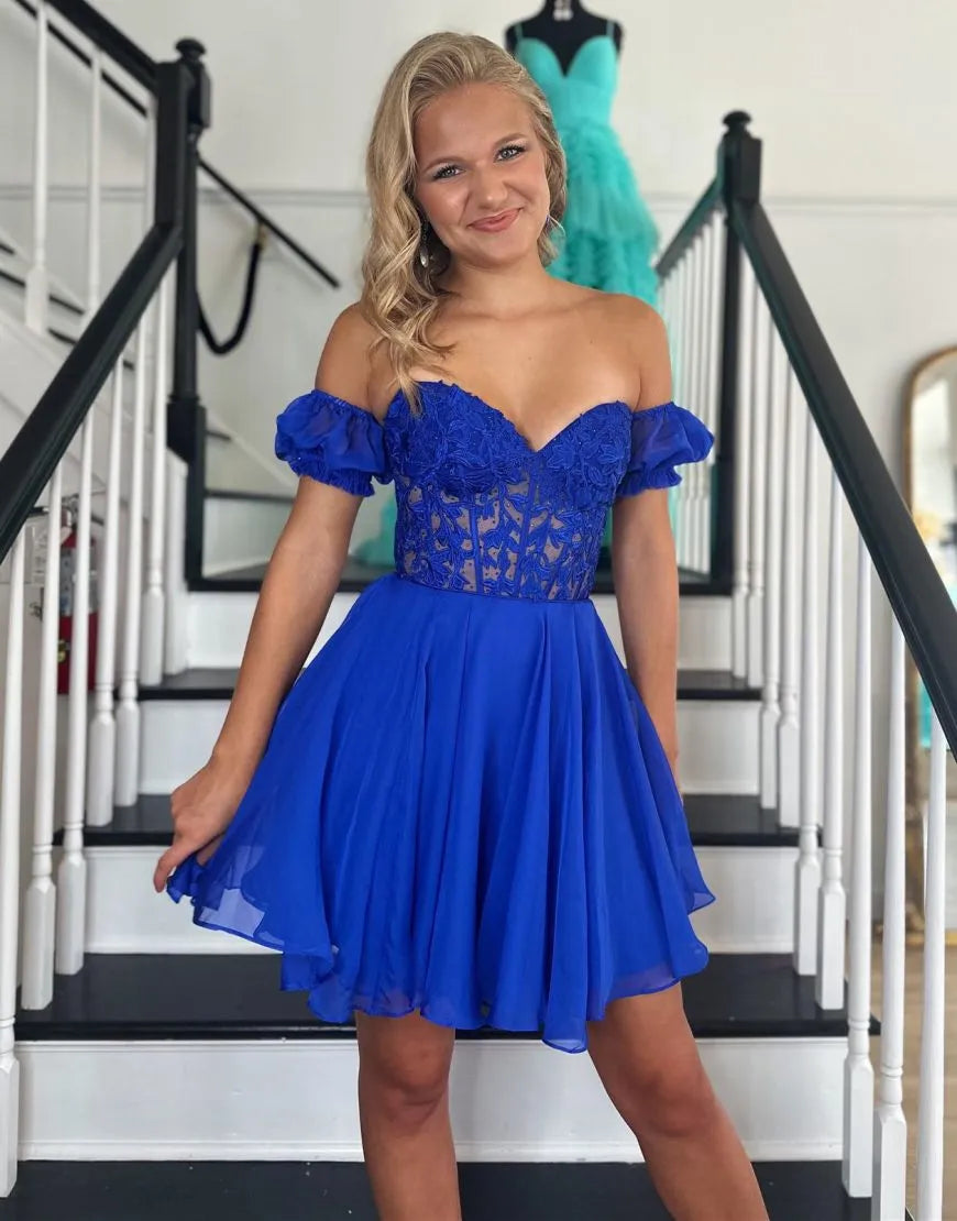 Romantic Lavender Off the Shoulder Corset Homecoming Dress with Lovely Ruffles BM bride