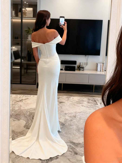 Off The Shoulder Mermaid Satin Long Corset Prom Dress with Beading BMBRIDE