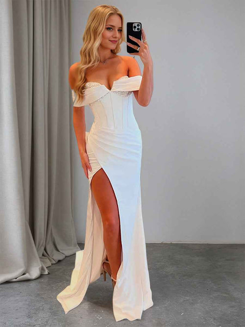 Off The Shoulder Mermaid Satin Long Corset Prom Dress with Beading BMBRIDE