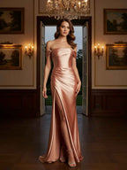 Off The Shoulder Stretch Pleated Satin Formal Dress