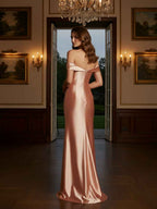 Off The Shoulder Stretch Pleated Satin Formal Dress