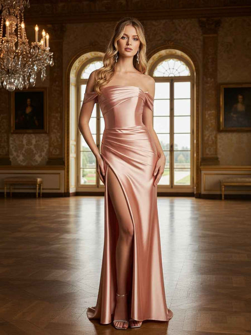 Off The Shoulder Stretch Pleated Satin Long Formal Dress BMBRIDE