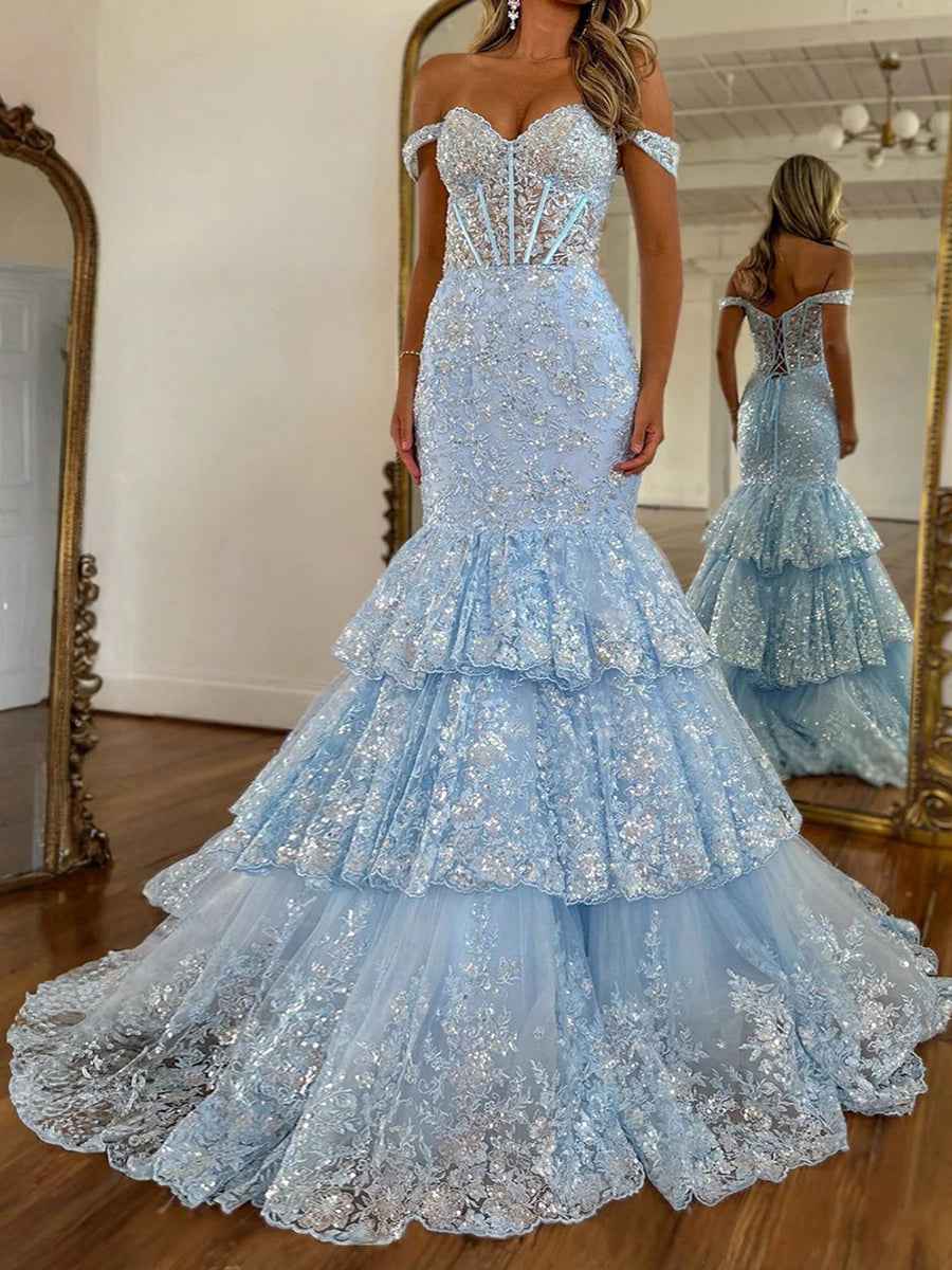 Off The Shoulder Tiered Ruffle Mermaid Prom Dress with Lace Appliqu¡§|