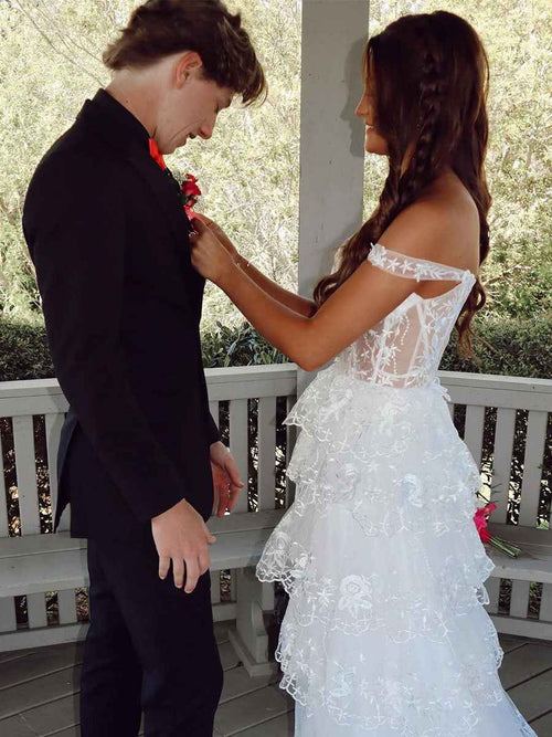Off the Shoulder Appliques Tiered Long Prom Dress BMBRIDE