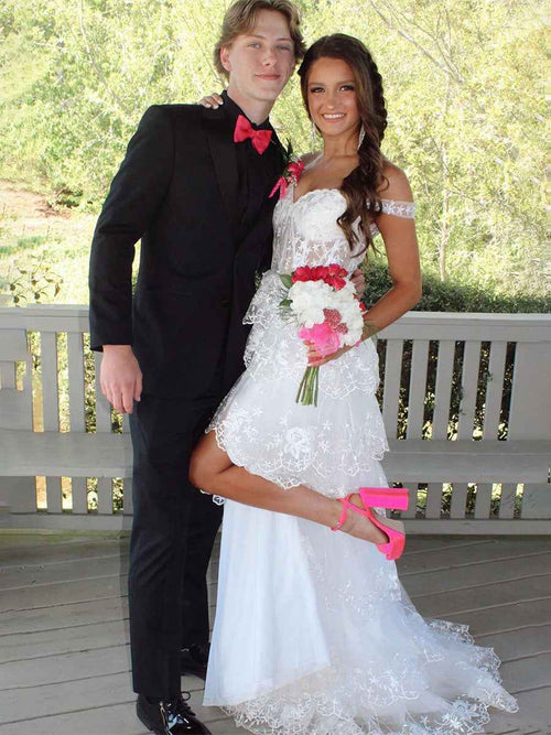 Off the Shoulder Appliques Tiered Long Prom Dress BMBRIDE
