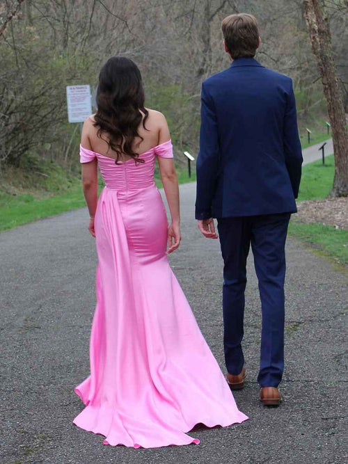 Off the Shoulder Ruched Long Prom Dress with Slit BMBRIDE