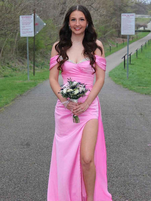 Off the Shoulder Ruched Long Prom Dress with Slit BMBRIDE