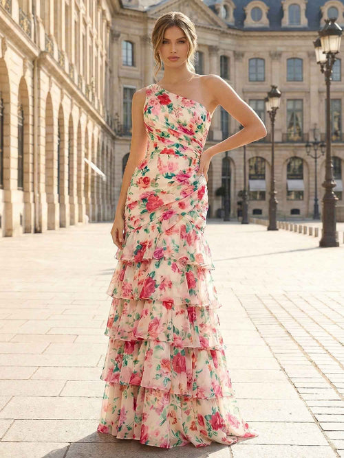 One-Shoulder Floral Tiered Ruffle Long Prom Dress BMBRIDE