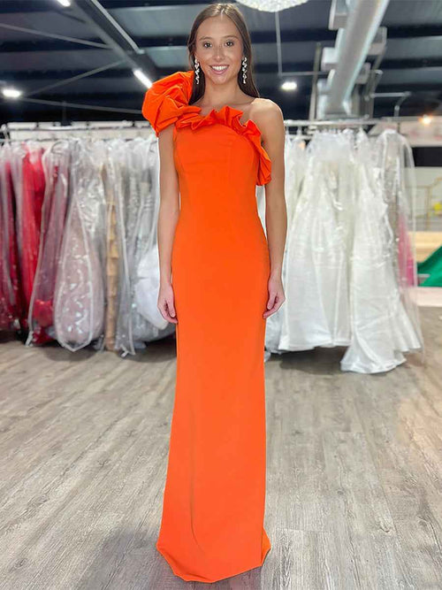 One Shoulder Mermaid Ruffled Satin Long Prom Dress BMBRIDE