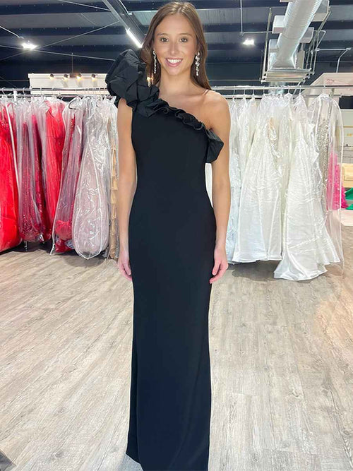 One Shoulder Mermaid Ruffled Satin Long Prom Dress BMBRIDE