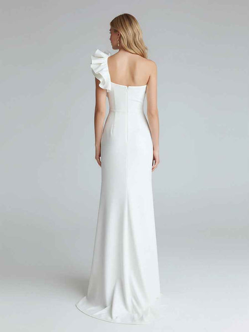 One Shoulder Satin Long Prom Dress with Ruffles BMBRIDE