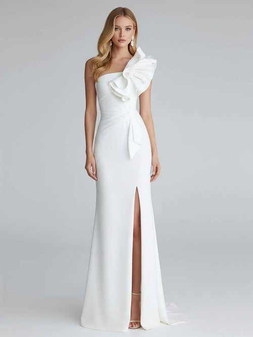 One Shoulder Satin Long Prom Dress with Ruffles BMBRIDE