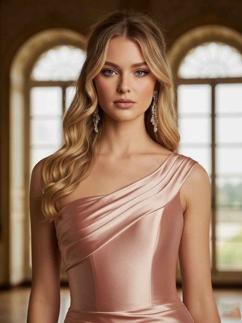 One Shoulder Stretch Pleated Satin Formal Dress BMBRIDE