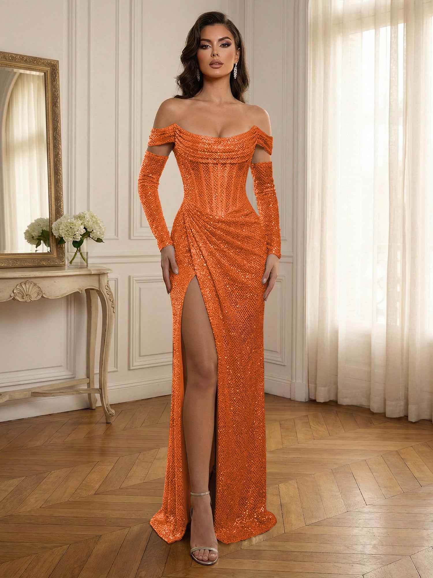 Glamorous Sequined Off-Shoulder Corset Bodice Long Prom Dress with High Slit