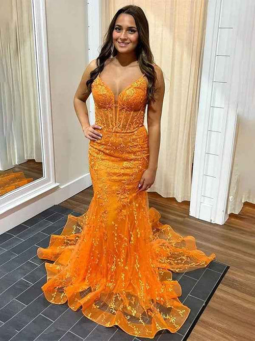 Orange Mermaid Spaghetti Straps V-Neck Long Prom Dress with Lace Applique BMBRIDE