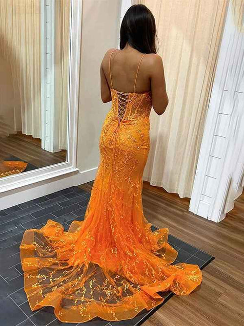 Orange Mermaid Spaghetti Straps V-Neck Long Prom Dress with Lace Applique BMBRIDE