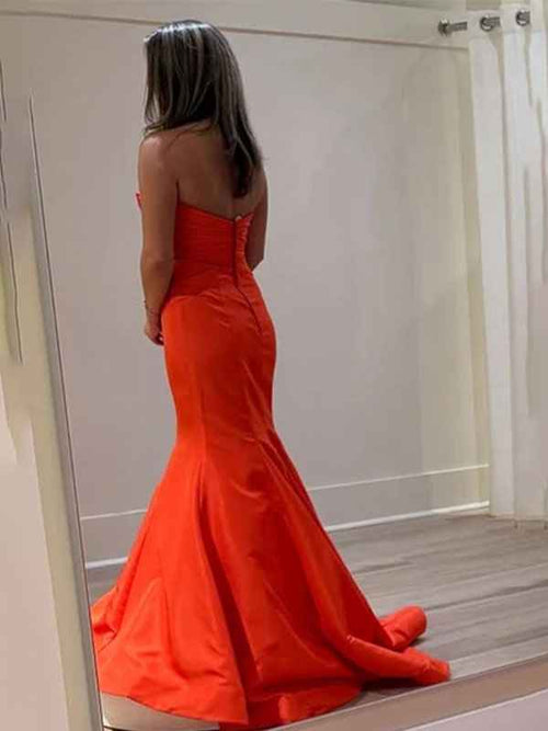 Orange Mermaid Strapless Sleeveless Pleated Long Prom Dress with Bows BMBRIDE