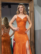 Sparkly Mermaid V-Neck Sequins Long Prom Dress with a Flattering Slit BM bride