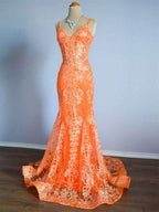 Orange Mermaid Spaghetti Straps Sequins Applique Prom Dress