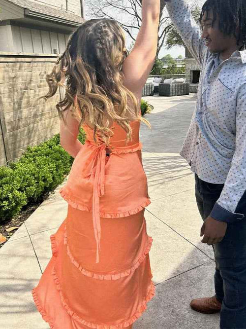 Orange A Line Cantaloupe Corset Tiered Long Prom Party Dresss BMBRIDE