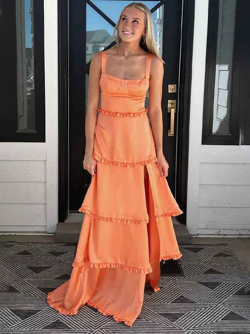 Orange A Line Cantaloupe Corset Tiered Long Prom Party Dresss BMBRIDE