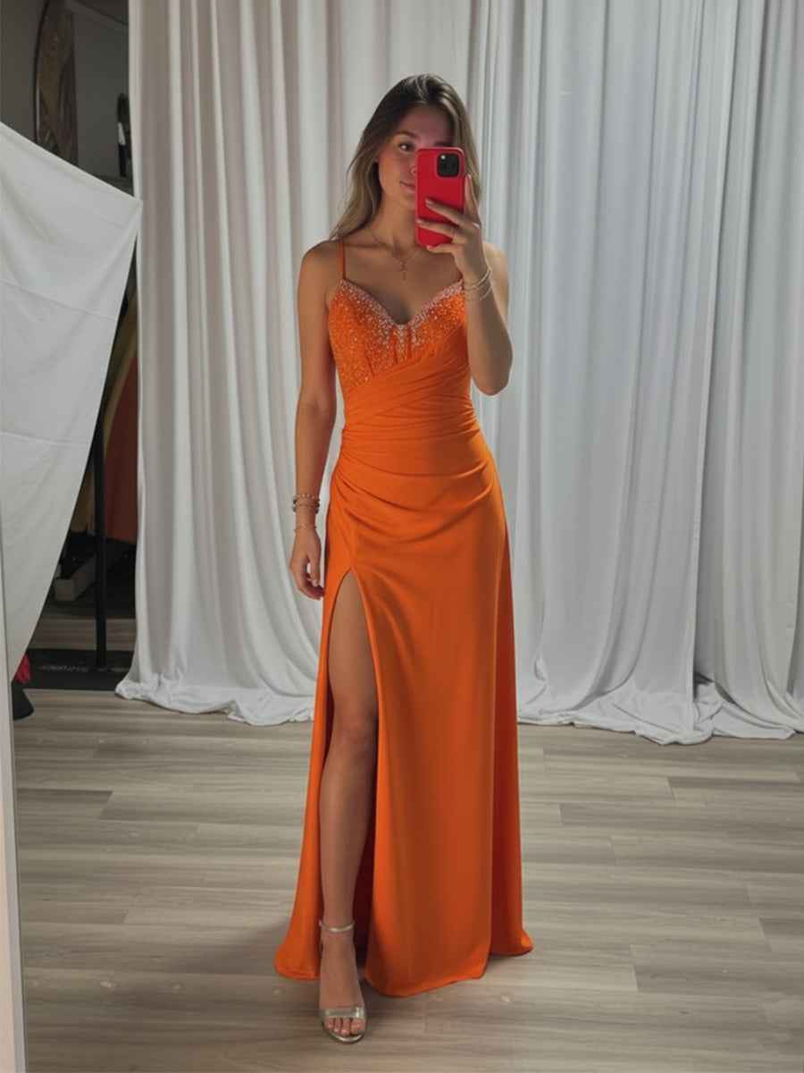Beaded V Neck Corset Bodice Long Prom Dress with Slit