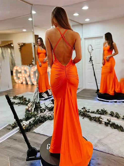 Orange Mermaid Halter Satin Long Prom Dress BMBRIDE