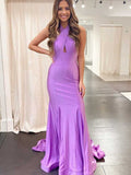 Elegant Halter Cross Neck Purple Long Bodycon Prom Dress BM bride
