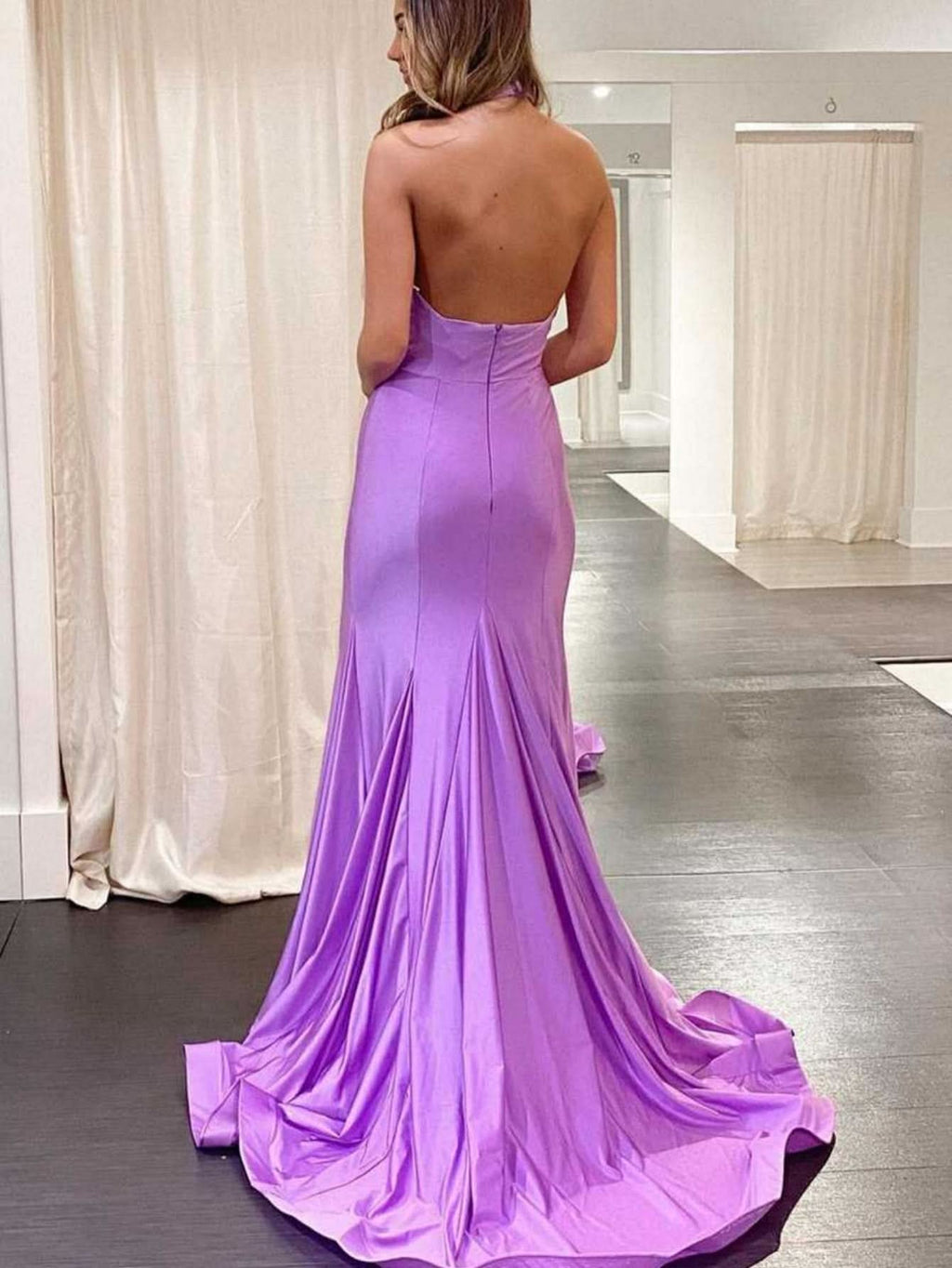 Elegant Halter Cross Neck Purple Long Bodycon Prom Dress BM bride