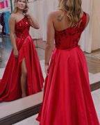 Captivating A-Line One Shoulder Sequins Long Prom Dress with Slit BM bride