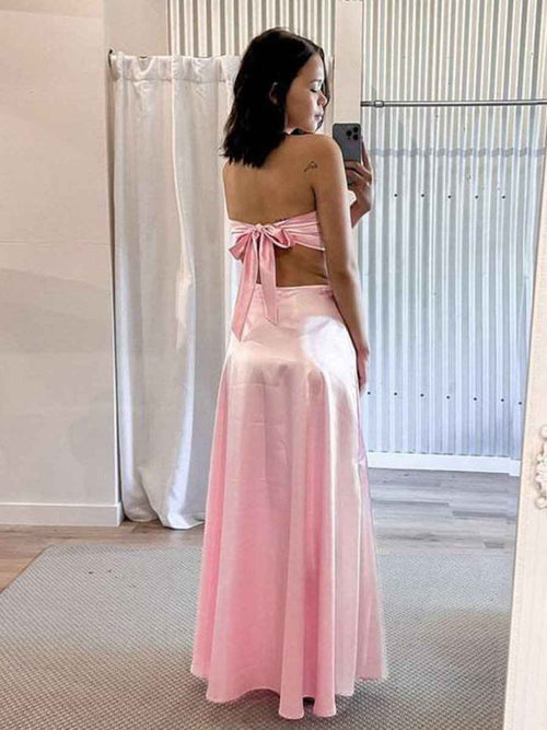 Pink A Line Strapless Back Tie Satin Long Prom Dress BMBRIDE