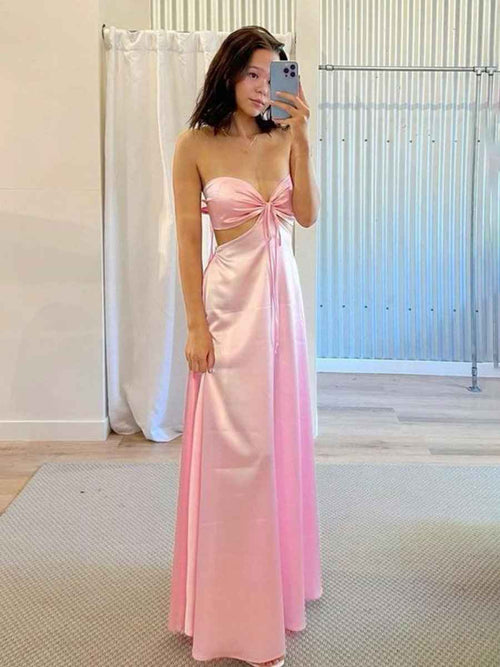 Pink A Line Strapless Back Tie Satin Long Prom Dress BMBRIDE