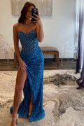 Sparkly Blue Sweetheart Sequins Bodycon Long Corset Prom Dress with Beading