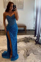 Sparkly Blue Sweetheart Sequins Bodycon Long Corset Prom Dress with Beading