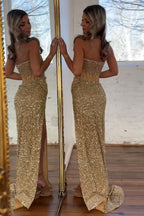 Sparkly Champagne Strapless Sequins Bodycon Long Corset Prom Dress with Beading