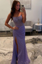 Sparkly Champagne Strapless Sequins Bodycon Long Corset Prom Dress with Beading