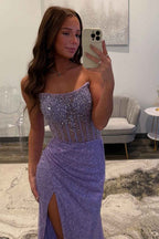 Sparkly Champagne Strapless Sequins Bodycon Long Corset Prom Dress with Beading